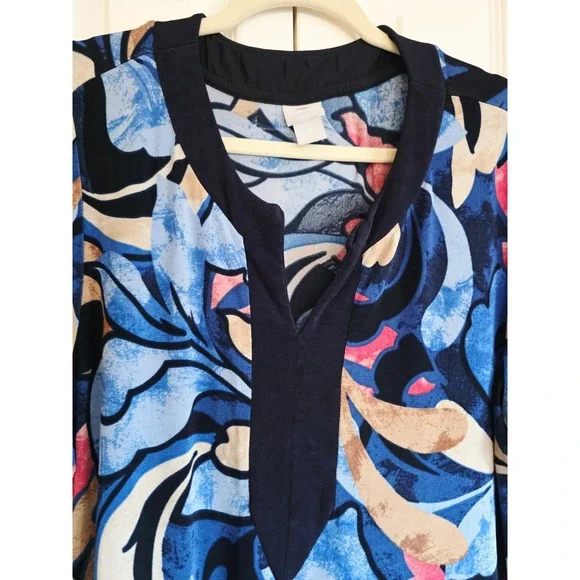 Chicos Travelers 3 Border Print Sit Neck Floral Slinky 3/4 Sleeve Tunic Top - Picture 6 of 9